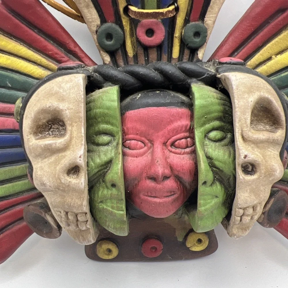 Mexico Three Ages Of Man Face Mask 3D Aztec Mayan Terracotta Pottery Art 7